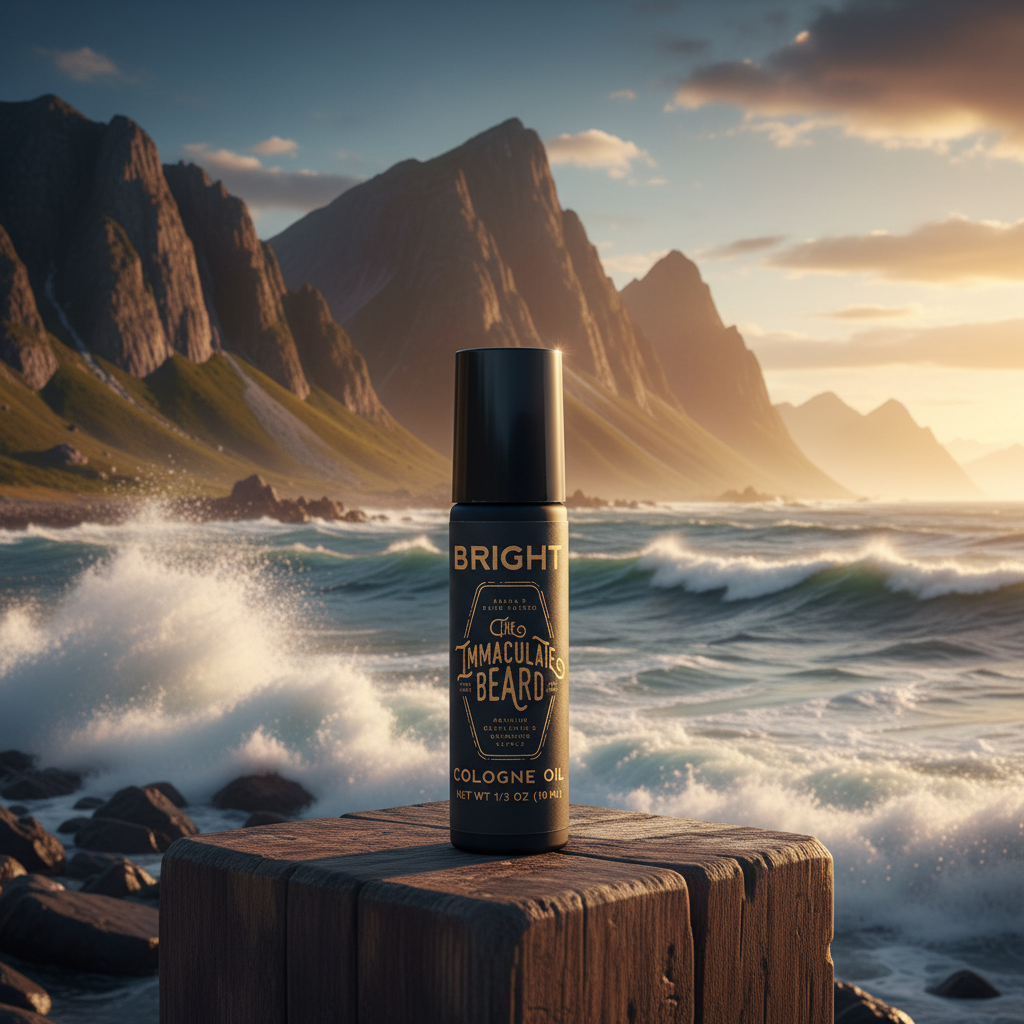Cologne oil bottle on mountain with ocean waves and summer light