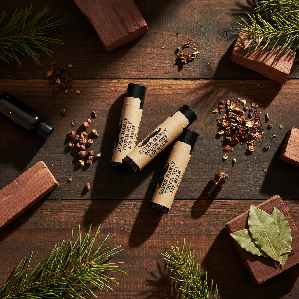 Natural lip balm flat lay with grooming props on dark wood