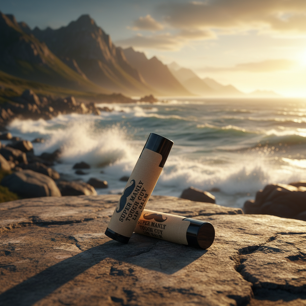 Natural lip balm on mountain with ocean waves background