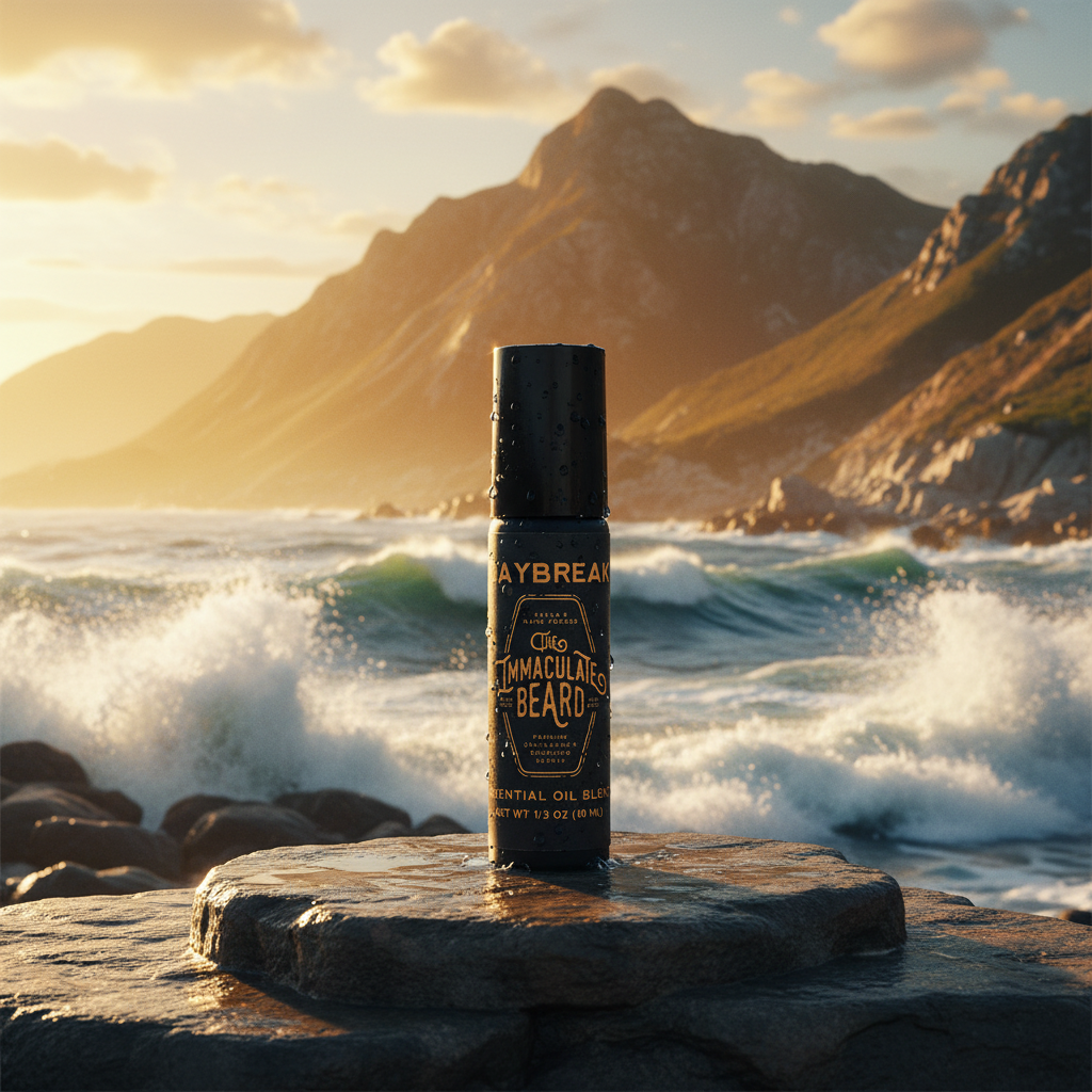 Cologne oil bottle on mountain with ocean waves and summer light