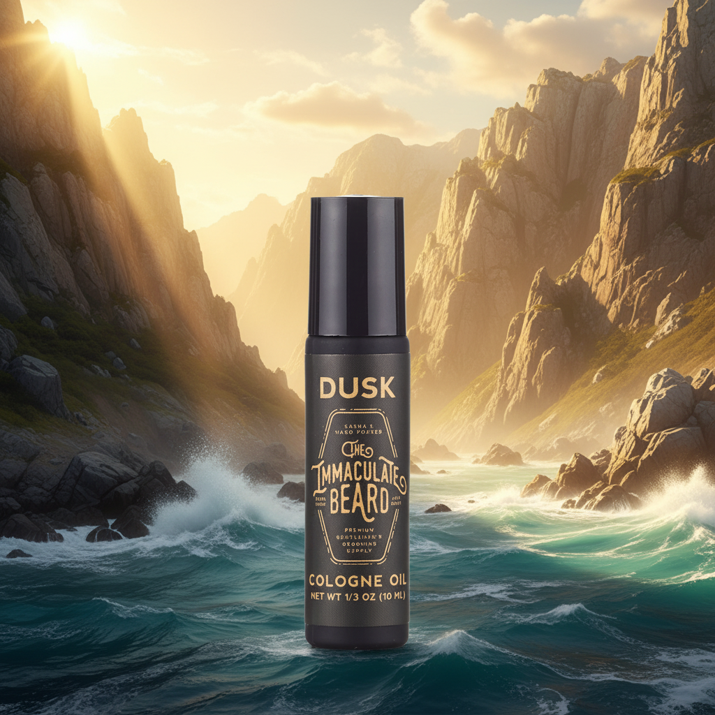 Cologne oil bottle on mountain with ocean waves and summer light