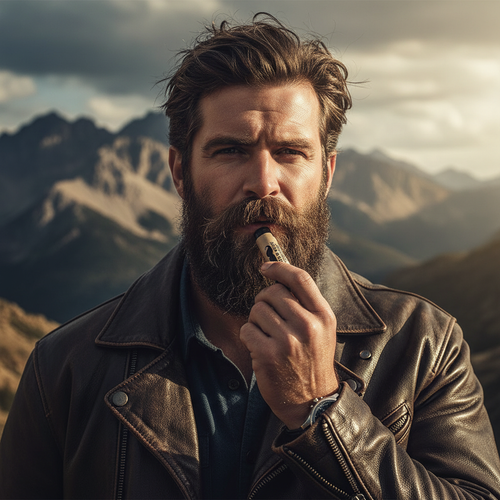 Man with beard applying natural lip balm outdoors