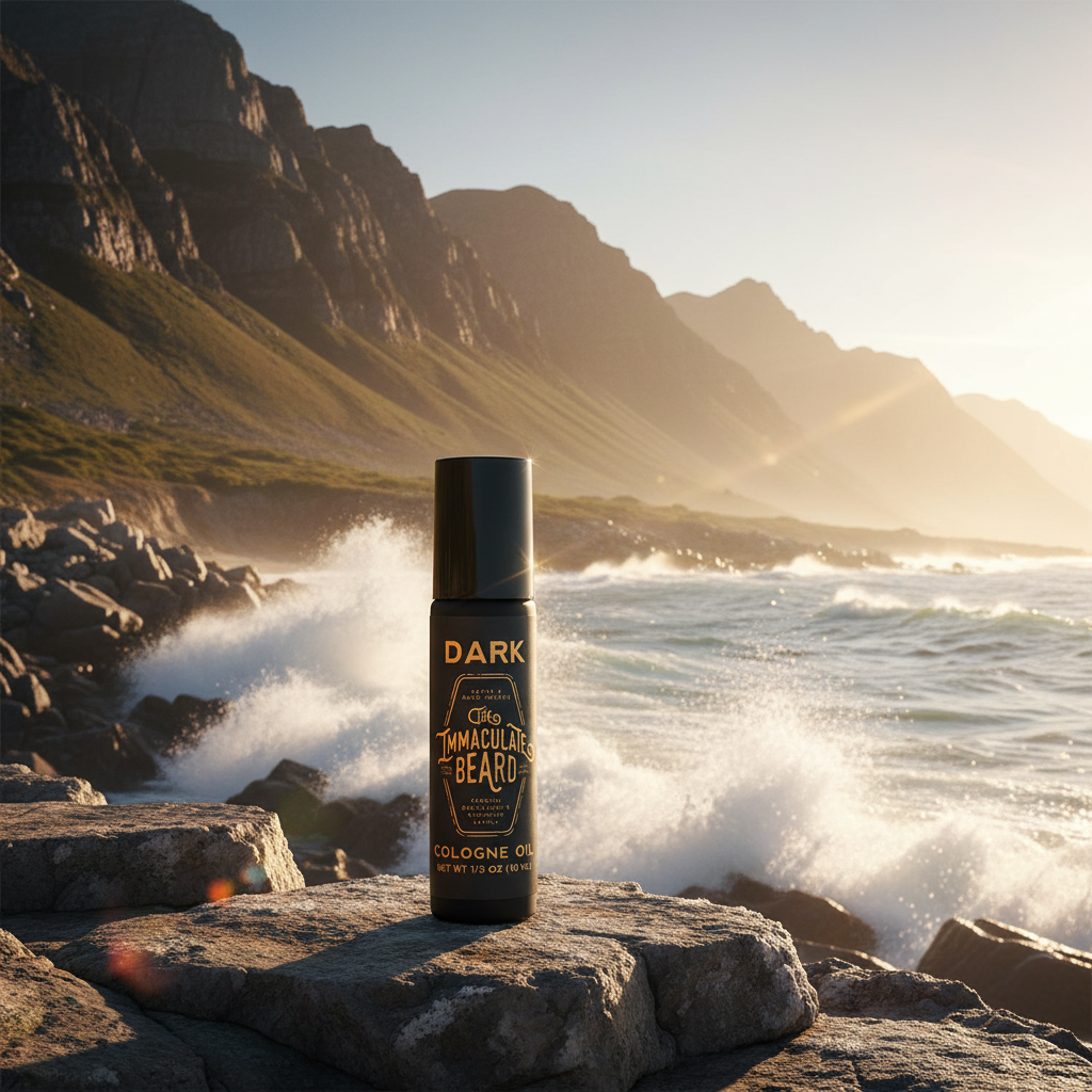 Cologne oil bottle on mountain with ocean waves and summer light